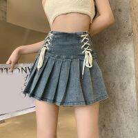 【CC】 DEEPTOWN Denim Pleated Skirt Korean Fashion Bandage Waist A-line Jean Y2k