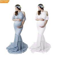 Women Halter Chiffon Ruffle Sleeve Elegant Fitted Gown Baby Shower Maxi Photography Photo Shoot Mermaid Maternity Dress