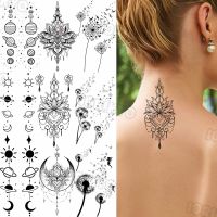 Black Pencil Sketch Henna Lotus Temporary Tattoos For Women Girls Realistic Planet Dandelion Fake Tattoo Sticker Back Arm Tatoos Stickers