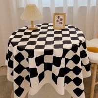 【CW】Chessboard Plaid Table Cloth Nordic Style Round Tablecloth Cotton Flower Printing Tablecloth Waterproof Home Party Table Cover