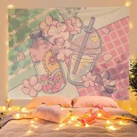 Ins Pink Girl Peach Blossom Tapestry Cute Ice Cream Camera Kawaii Room Decor Dorm Bedroom Decoration Aesthetic Fabric Background Tapestries Hangings