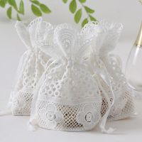 6pcs 10*14 White round hole Lace Bag Jewelry Storage Bag Milk Yarn Bundle Pocket Drawstring Bags Packaging Party Wedding Favors Colanders Food Straine