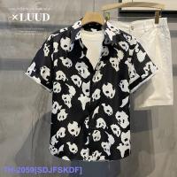 Top LUUD Contrasting Color Panda Pattern Full Print Lapel Short-Sleeved Shirt Boys Fun National Tide Loose Button Flower Shirt Summer YY ﹍❅