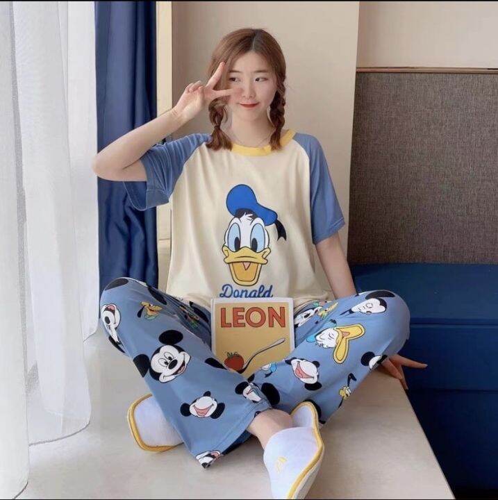 พร้อมส่ง-ชุดนอนเสื้อยืด-กางเกงขายาว