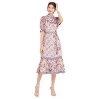 Women New Fashion Dress 2023 New French Temperament Long    Pink Chiffon Floral Dress Female Early Spring Summer