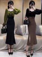 Fried web celebrity street hot style two-piece female peach superfluity of new fund 2022 autumn winters is velvet small buttock bust fishtail skirt unlined upper garment bag