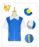 Anime Pokemon Cosplay costumes Ash Ketchum short sleeve suit Costume Blue Jacket Hat Gloves Poke Ball Full Set Halloween clothes