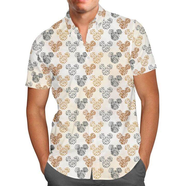 เสื้อฮาวายหูมิกกี้ซาฟารีสำหรับผู้ชาย-เสื้อเชิ้ตชายหาดลำลองมีกระดุมลายอาณาจักรสัตว์