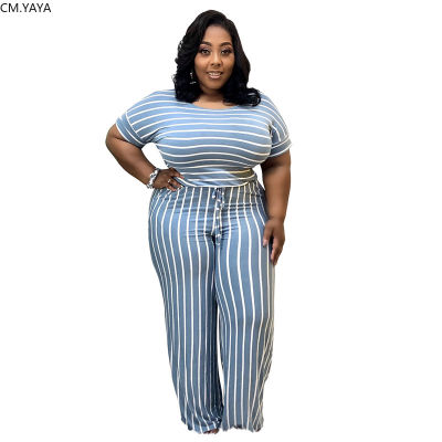 CM.YAYA Women Plus Size S-5XL Striped O-neck Short Sleeve Straight Jumpsuit Fashion Streetwear One Piece Overall Rompers