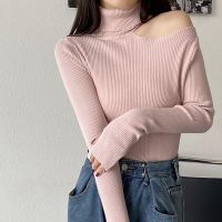 Ljsxls outono fora do ombro gola alta malha suéteres feminino pullovers preto coreano roupas de inverno manga longa topos 2021