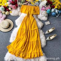 COD DSFDGESERRRRR ❁▣Sexy Off Shoulder Beach Dress Women Slim High Waist Summer Yellow Midi Dresses Elegant Ladies Party Vestidos Mujer