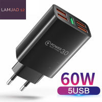 LAMJAD12 60วัตต์5พอร์ตค่าเร็ว3.0 USB ผนังชาร์จอย่างรวดเร็วโทรศัพท์ชาร์จอะแดปเตอร์ไฟฟ้าสำหรับ iPhone 13 12 Pro Max ซัมซุง Xiaomi