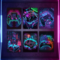 Neon Effect เกมคอนโซล Hand Controller โปสเตอร์-พิมพ์ผ้าใบสีพิมพ์บทคัดย่อ Wall Art สำหรับเกม Room Decor