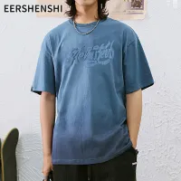 EERSHENSHI ผู้ชายแขนสั้นพิมพ์ เสื้อยืดแขนสั้นผู้ชายรอบคอฮิปฮอปเสื้อยืดหลวม