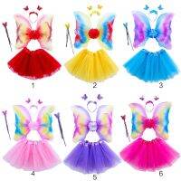 4Pcs Fairy Princess ชุดเครื่องแต่งกายเด็ก Rainbow Butterfly Wing Wand Headband Tutu กระโปรงคริสต์มาสวันเกิด Party Dress Up...