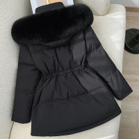 FTLZZ 2022 Winter High Waist Fluffy Down Warm Slim Jacket Women Large Real Fur Collar Hooded Short Coat Adjustable Waist Outwear