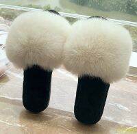 [A alamode]ผู้หญิงร้อน Faux Raccoon Fluffy รองเท้าแตะ Furry Fox รองเท้าแตะผู้หญิงแบนลื่น Plush สไลด์รองเท้าชายหาด