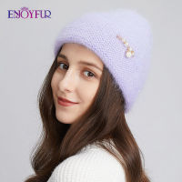 ENJOYFUR Women Winter Warm Knit Hats Real Angora Wool Female Caps Fashion Cuffed Casual Rhinestone Brand Ski Skull Beanies New