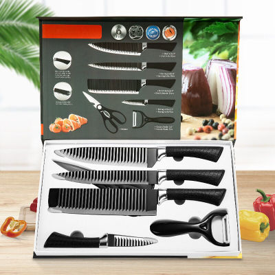 มีดสแตนเลสมีดทำครัวหกชิ้นมีดครัวลายคลื่นสีดำมีดไม่ติดมีดชุดกล่องของขวัญ 6 ชิ้น Stainless steel knives six-piece kitchen kitchen knife black wave pattern non-stick knife 6-piece