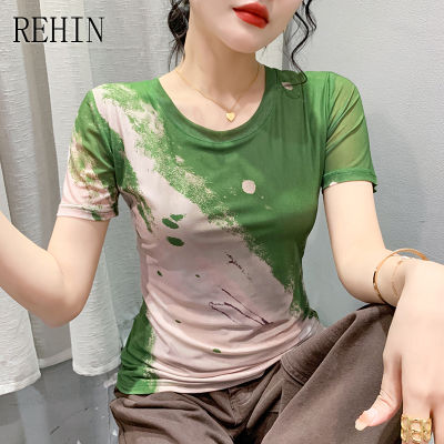REHIN เสื้อยืดแขนสั้นสำหรับผู้หญิง,เสื้อกล้ามสลิมฟิตคอกลมแฟชั่นสไตล์เกาหลีแบบใหม่ฤดูร้อน