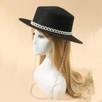 New Designer Pearl Necklace Sun Hats For Women Summer Beach Hats Ladies Black Party Hat Wholesale