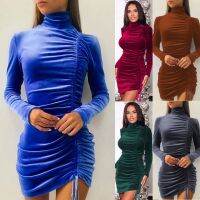 [COD] 2022 European and gold velvet drawstring high collar autumn winter long-sleeved tight hip dress women