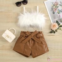 BABYGARDEN-2-7years Baby Girls 2 Pcs Solid Color Outfits Cropped Fluffy Fur Camisole Belted Leather Shorts Set