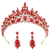 บาร็อควินเทจ Merah Hijau Biru Kristal Pengantin Mahkota dengan Anting-Anting Dubai Thai Tiaras Berlian Budiadem Aksesori Rambut Perkahwinan