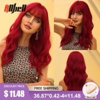 【CW】 Wine Hair Wig with Bangs Wavy Synthetic Wigs for Afro Resistant