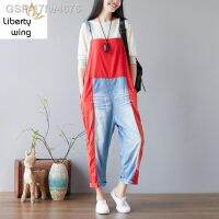 ✁17fw4676 Mulheres Baggy Gota Virilha Denim Macão Solto ฮิปฮอป Carga Longa Geral Calças Namorado Misturadas Suspensórios