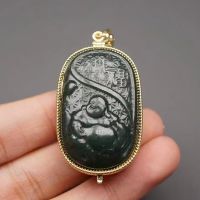 ZZOOI Natural Hotan Jade Maitreya Buddha Pendant for Men and Women Silver Inlaid Jade Jewelry Necklace Gift