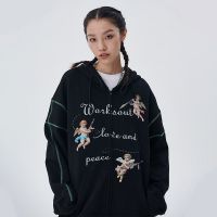 Angel Print Topstitching Hoodies Women High Street Sweatshirts Vintage Clothes for Teens Loose All-match Hoodie Clothes