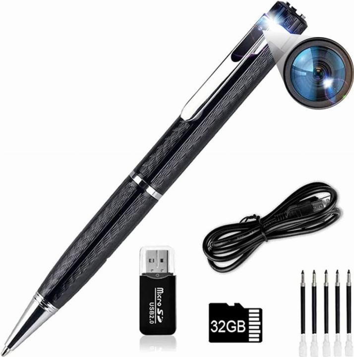 hasako-hidden-camera-pen-1080p-hd-2-5hrs-with-32gb-sd-card-2-in-1-camera-pen-mini-body-camera-card-reader-5-refills-for-business-conference-security-black