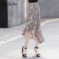 Summer Floral Skirts ashion  Boho Asymmetrical High Waisted Midi Skirt Elegant Ruffle Chiffon Korean Style Skirt Girl