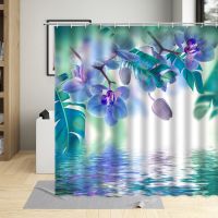 Water Surface Flowers Shower Curtain Beautiful Orchid Lily Butterfly  Bathroom With Hook Decorative Cloth Home Washable Fabric