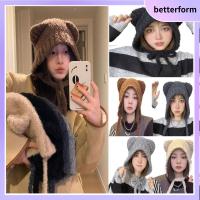 BETTERFORM อบอุ่นและอบอุ่น ฤดูหนาวฤดูใบไม้ร่วงฤดูหนาว หูหมี ที่ครอบหู ป้องกันหู ที่ปิดหูกันหนาว หมวกถักนิตติ้ง หมวกขนสัตว์ขนสัตว์ หมวกบีนนี่ หมวกแก๊ปเย็น