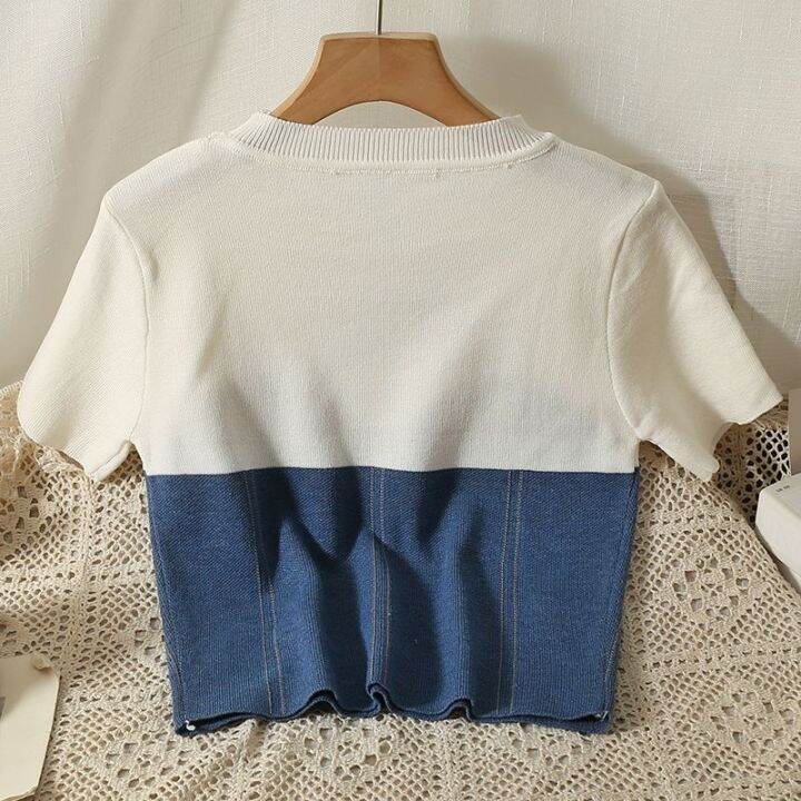 เสื้อยืดแขนสั้น-คอกลม-ผ้าถัก-แฟชั่นฤดูร้อน-สําหรับผู้หญิง-v728