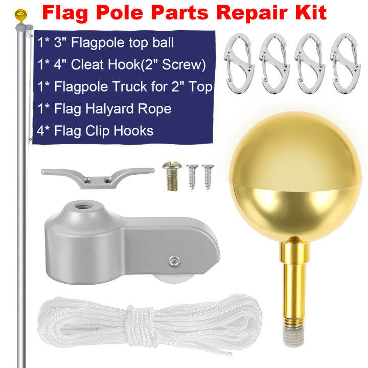Flag Pole Parts Repair Kit with 11m Flag Halyard Rope Gold Ball Cleat