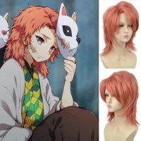 PUPUDAN ทนความร้อนได้ Sabito วิกผมคอสเพลย์ Kimetsu No Yaiba ผมสีชมพูสีส้มแบบสังเคราะห์วิกผมวันฮัลโลวีนฆ่าปีศาจธรรมชาติคอสเพลย์อะนิเมะ