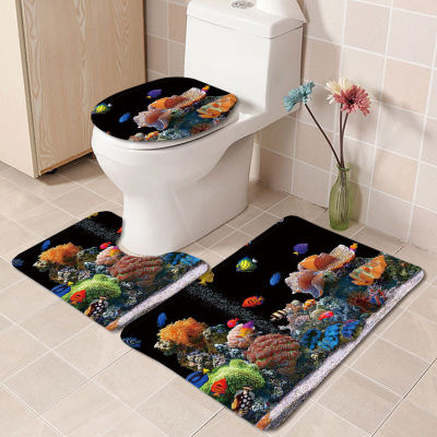 3pcsset ocean World Non Slip Bathroom Pad Floor Mat Carpet Absorbent Pedestal Rug Lid Toilet Cover Bath Mat Decor