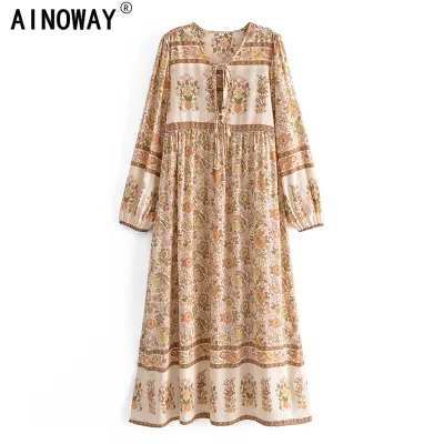 Boho Vintage Women Long Sleeve Floral Print Tie Neck Beach Bohemian Maxi Dress Ladies Rayon Cotton Summer Sundress Robe