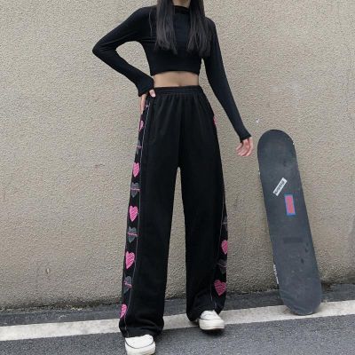 ‘；’ MEXZT Wide Leg Pants Women Korean Fashion Heart Print Trousers Summer Harajuku Streetwear Y2K Casual Baggy Sweatpants Cute Sweet