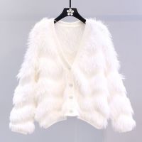 New high-end autumn and winter mink down knitted sweater Womens V-neck exquisite snowflake button loose short sweater cardigan