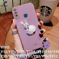 เคส JieFie สำหรับ VIVO Y12 / Y15 / Y15S / Y15A / Y17 / Y19 / Y85 / Y91C / Y91 / Y93 / Y95 / Y30 / Y50 / Y30i/Y36ดอกไม้ประดับเพชรเคสโทรศัพท์กระต่ายโครเมี่ยมสุดหรูฝาครอบโทรศัพท์ TPU นุ่มที่มีสีสัน + สายคล้องมือ