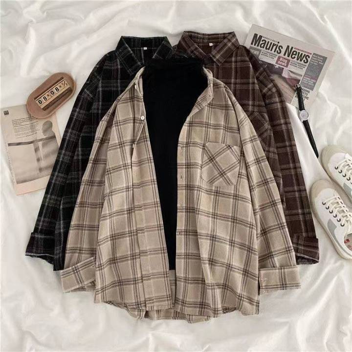 vintage-women-plaid-shirts-loose-oversize-long-sleeve-button-up-fall-shirt-casual-pocket-female-tops-korean-black-tops