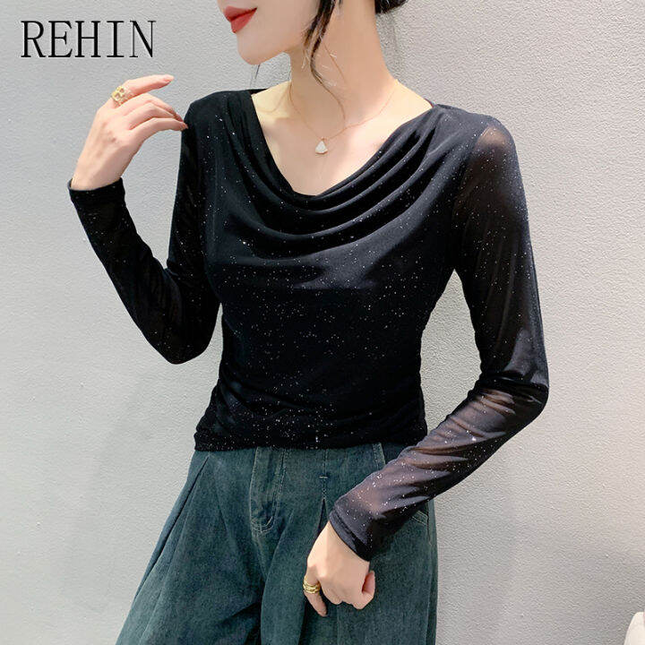 rehin-เสื้อเชิ๊ตผู้หญิง-2023ฤดูใบไม้ร่วงแฟชั่นคอกลมมาใหม่ล่าสุดเข้ารูปแขนยาว