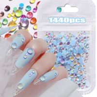 1440Pcs Mermaid Tears 3D Nail Crystal Mixed Size Symphony Aurora Round Beads Flat-back Acrylic Mermaid Rhinestone ZCF-89