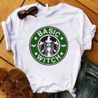 แฟชั่นผู้หญิงสตรี Basic แม่มดกาแฟฮาโลวีนพิมพ์ Tee เสื้อ Femme Top Tshirt หญิงสุภาพสตรีเสื้อยืด