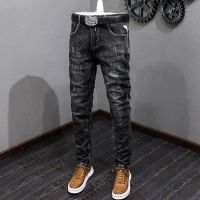 【YD】 Fashion Designer Men Jeans Gray Elastic Ripped Trousers Stretch Denim Pants Hombre