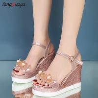 Women Summer Wedge Heel Sandals Platform Sandals Strap Open Toe Chunky Bottom Casual Shoes 2023 Gold Silver Pink Sandals 10Cm